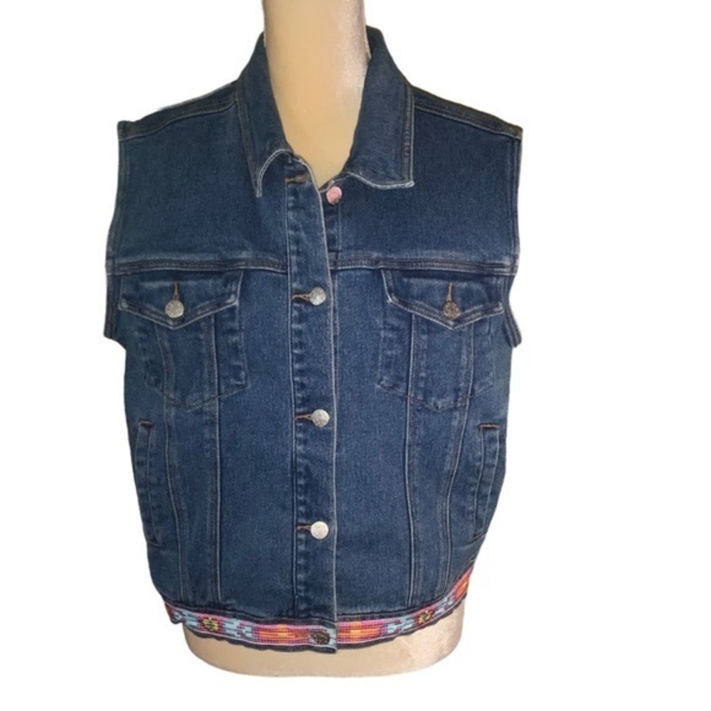 Vintage Denim & Co. Medium Wash Button Down Denim Vest with Aztec Design Medium